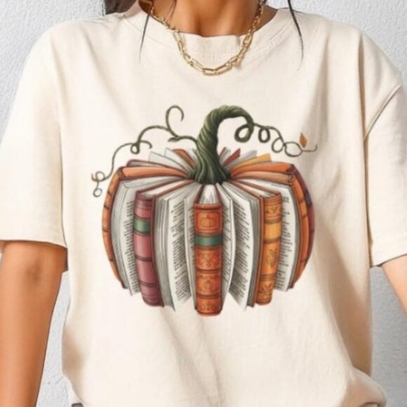 Tops - Book Pumpkin T-Shirt, Book Lovers Graphics Tee